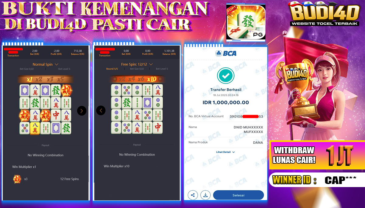 BUDI4D JACKPOT USERID: CAP**** SLOT PGSOFT MAHJONG WAYS Rp.1.000.000,- LUNAS